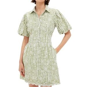 Tuckernuck Embroidered Floral Green Gingham Mini Delaney Shirt Dress cotton XL